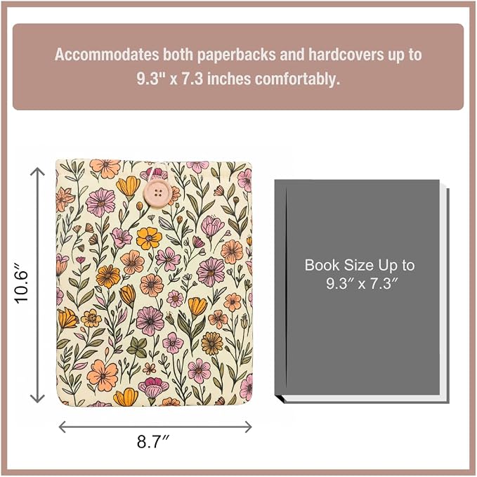 Floral Book Sleeve - Elegant Book Cover with Wooden Button, Cotton Padded Protector for Paperbacks & Hardcovers, Ideal for Book Lovers, Durable Design (Soft Florals, Large)