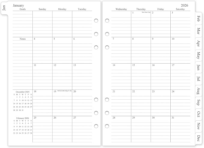 2026 Monthly Planner Refill, A5 Medium Planner Inserts for 6 Holes, 5.5"x8.5", Jan. 2026 - Dec. 2026, 12 Monthly Calendars with Laminated Tabs, 6-Hole Punched