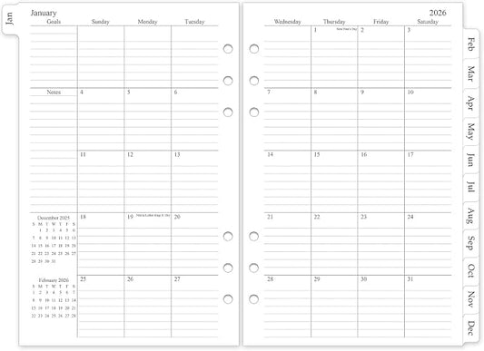 2026 Monthly Planner Refill, A5 Medium Planner Inserts for 6 Holes, 5.5"x8.5", Jan. 2026 - Dec. 2026, 12 Monthly Calendars with Laminated Tabs, 6-Hole Punched