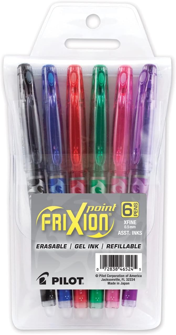 Pilot, FriXion Point Erasable & Refillable Gel Ink Pens, Extra Fine Point 0.5 mm, Pack of 6, Assorted Colors