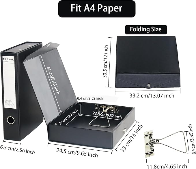6 Pack Foldable Plastic Box Files A4 with Metal Clip,65mm Spine,Document Archive Folders for Office（Black）