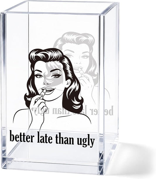 Acrylic Pen Holder Cup, Vintage Newspaper Style Desk Decor, “Better Late Than Ugly” Pencil Holder Organizer, Black and White Aesthetic Office Accessories, Gift for Women