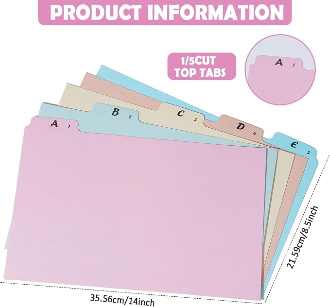 1 Set A-Z Alphabetic and Number Top Label Files, Legal Size, 25 Sheets File Dividers 1/5 Cut Label File Cabinet Dividers Desk Organizer for Office, Home and School (Candy Color)