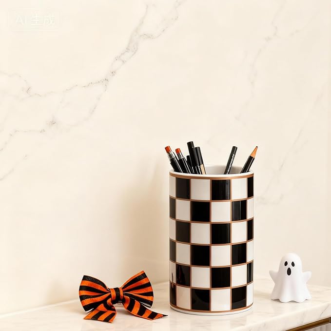 Ceramic Checkered Pen Holder For Desk,Cute Stand Black And White Pencil Cup,Durable Ceramic Pencil Cup, Decorative Makeup Brush Holder Cup, Stationery Holder for Office, School, Home (Black)