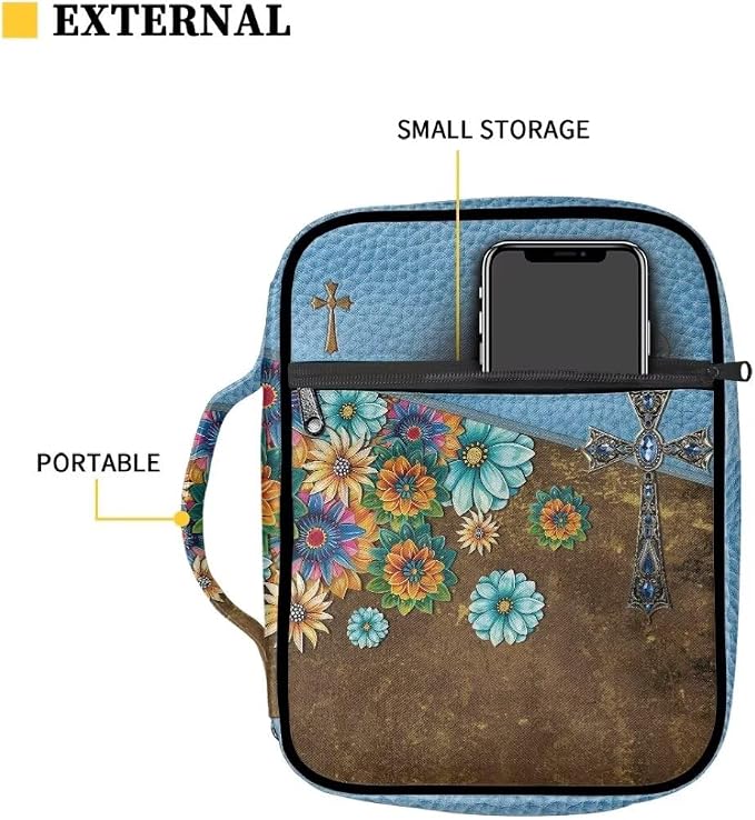 Coldinair Floral Cross Bible Cover for Women,Canvas Carrying Book Case Church Bag Bible Holder with Handle and Zippered Pocket