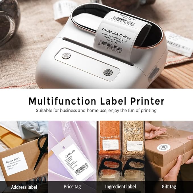 Phomemo M220 Label Maker, Bluetooth Thermal Label Printer, Barcode, Name, Address, Labeling, Mailing, Small Business and More with 1 Roll 40 x 30mm and 1 Rolls 70 x 80mm Label Tapes