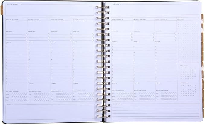 russell+hazel 2026 Weekly Planner, Black Vegan Leather Cover with Gold Foil Details,190 Foil Stickers, Double Sided Pocket, 9.125” x 11.25”, 1-Count (105849)