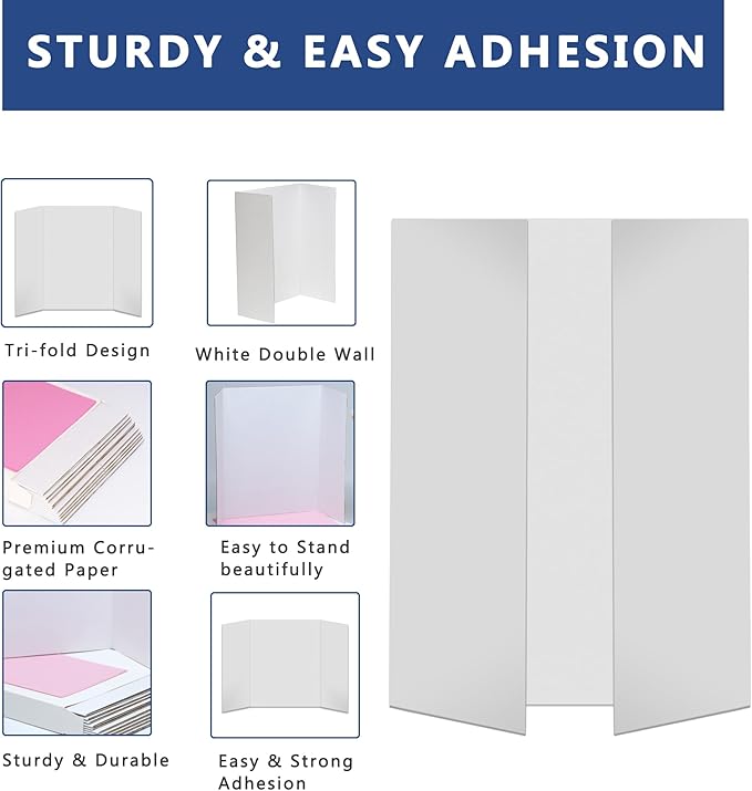 Rsgift 4 Pcs 26x16.5 inches Medium Trifold Poster Boards with Double Sided Tapes and Cardboard, Corrugated Display Boards, Professional Presentation Boards for School Project, Exhibitions