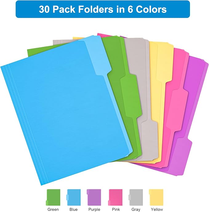 HABGP 30 Pcs Manilla Folders 8.5 x 11 Inch, 6 Colored File Folders Letter Size, 1/3-Cut Tab Paper Manila Filing Folders for School Business Office Documents Paper Files, Morandi 6 Color 30 Pcs