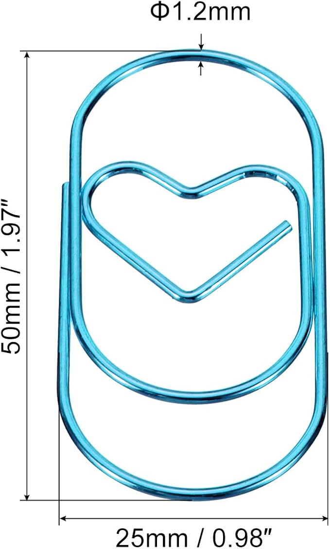 MECCANIXITY Paper Clip Heart-Shaped Cute Decorative Fun Clips Bookmarks 2 Inch Blue for Organize Office Home, Pack of 50