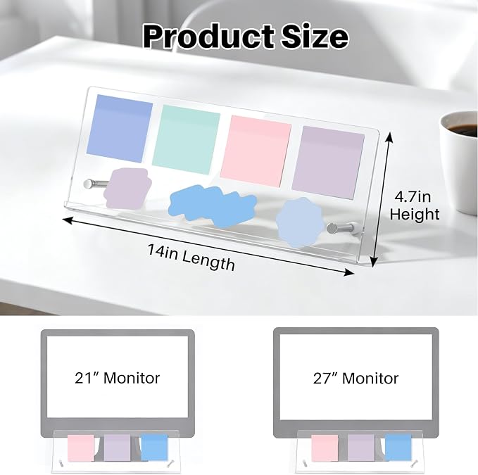 Monitor Memo Board Holder 14"x5", Office Organization Memo Holders for Computer Sticky Note Holder, Space-Saving Under Monitor, Movable & Reusable, Screen Saver for Office & Home Desktop Decor