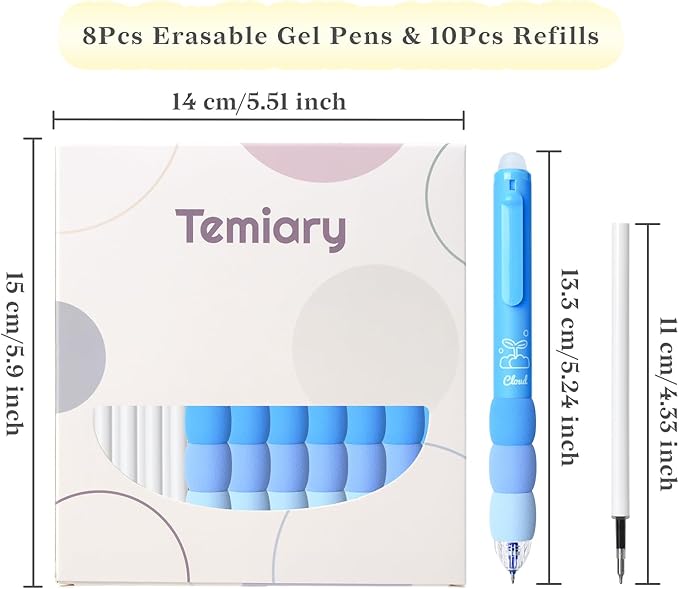 Temiary 18Pcs Aesthetic Retractable Erasable Gel Pens, Make Mistakes Disappear, 8 Pens & 10 Refills, Cartoon Smooth Writing Pen, 0.5 mm Black & Blue Ink Pen, Office School Supplies. (Blue Theme）