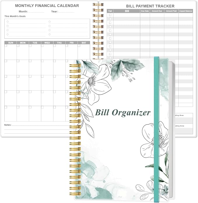 Bill Organizer - Monthly Bill Payment for Personal Budgeting Financial, Payments Checklist Organizer, 5.8" x 8.5", Teal Floral