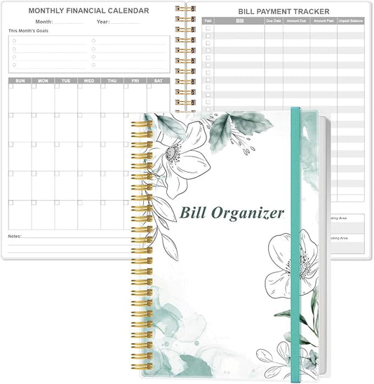 Bill Organizer - Monthly Bill Payment for Personal Budgeting Financial, Payments Checklist Organizer, 5.8" x 8.5", Teal Floral