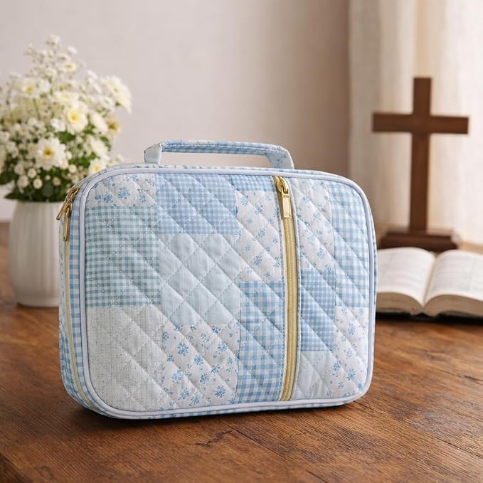 Bible Cover Case for Women,Bible Tote Bag Large Quilted Bible Cover Study Supplies Accessories with Durable Handle Carrying Case Christian Gifts for Girls (Greenblue Pin)