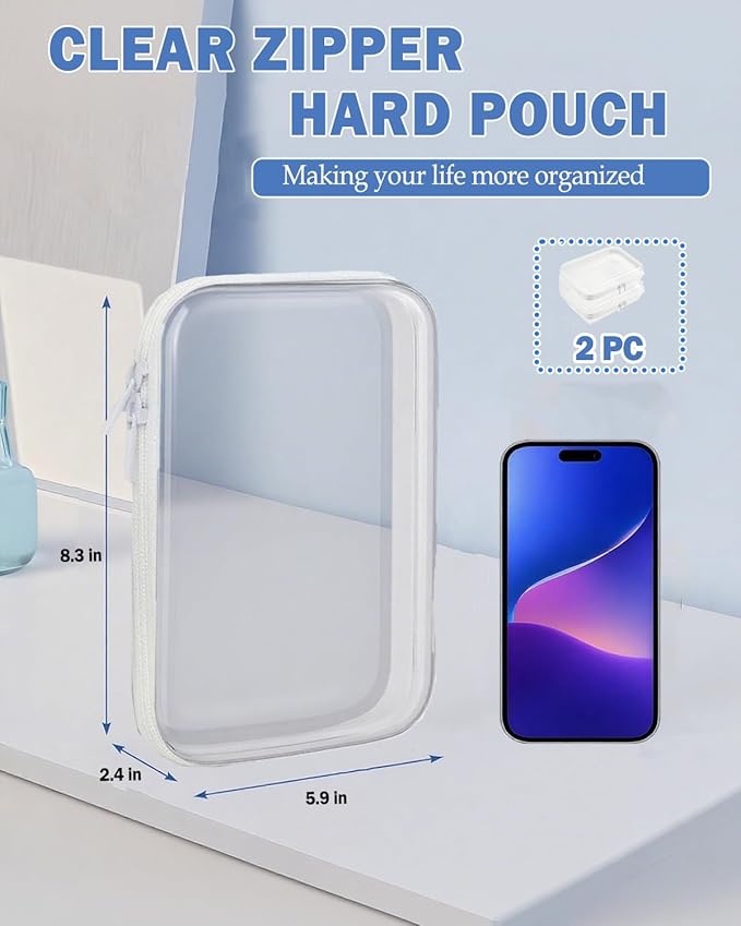 2PC Clear Hard Shell Zipper Case, Transparent Storage Box Set with Zipper, Waterproof Pouches for Diaper Bag Organizer, Travel Toiletry Makeup & Kids Toy Organization