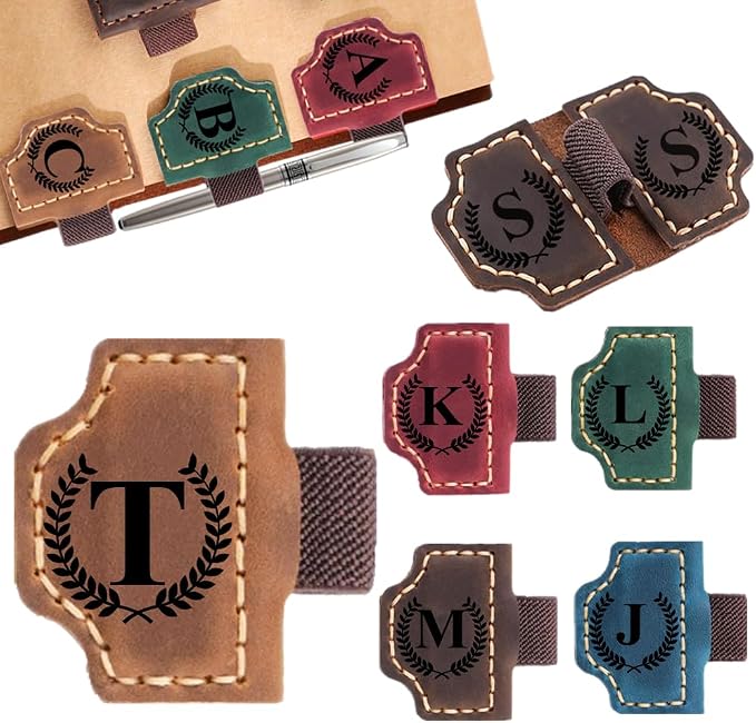 Custom Bookmark with Pen Holder with 26 Letters Personalized Magnetic Leather Book Mark, Customized Name Book Marker Clip with Initial for Men Women, Gifts for Book Lovers, Readers, (Brown, T)