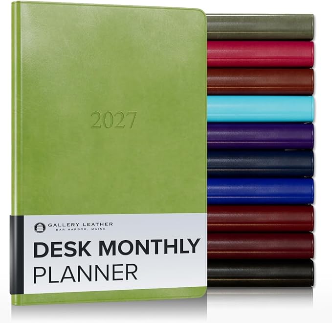 Gallery Leather Desk Monthly Planner 2027, Elegantly Bound Calendar Planner and Notebook with Stylish Gold-Gilded Page Edges, 18 Months - Acadia Lime - 8x5.5"