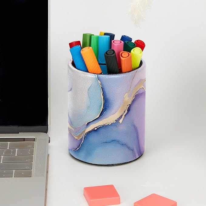 Leather Pen Holder for Desk, Pink Blue Marble Makeup Brushes Holder Pencil Cup Multifunctional Desktop Organizer Caddy for Home School Office Desk Accessories