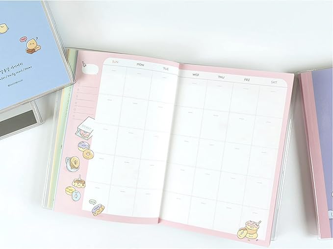 Kawaii Mini Korean Weekly Undated Planner + 1 dalgaru sticker sheet - 128 pages, Soft PVC Cover Cute Small stationery for school, academic, teens, women, girls (Cookies n Cream (Gray))