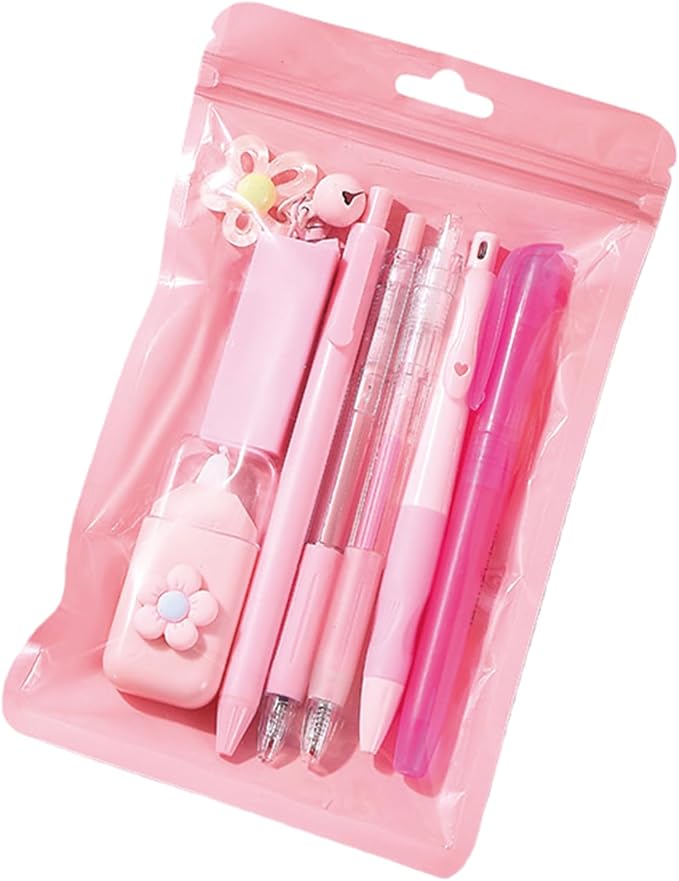 MOZXIRZ 8 Pcs Cute Pink Stationery Set for Girls Boys Women Back to School Supplies Office Supplies Kawaii Candy Colors Stationery Gift Including Pen Pencil Highlighter Eraser (Pink)