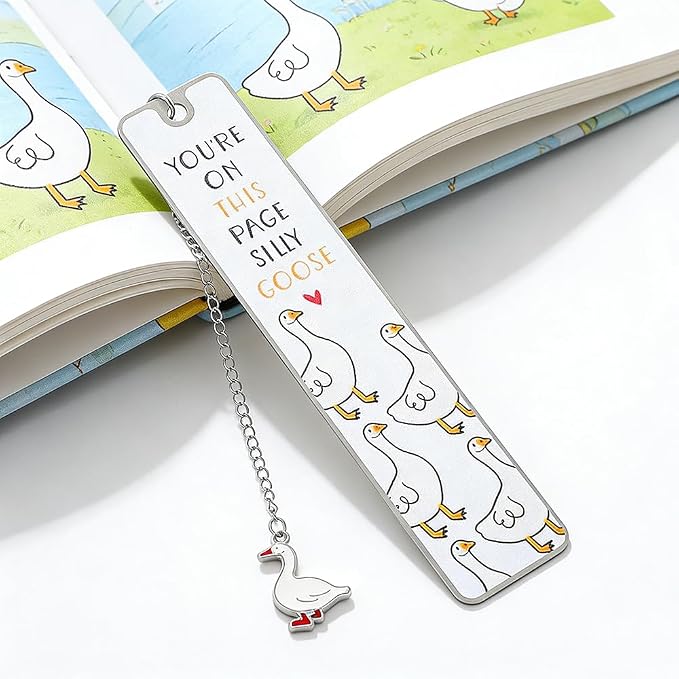 Pink Cute Bookmark for Women Silly Goose Gift Metal Bookmark for Students, Teachers, and Readers Funny Bookmarks Gift Page Markers Study Stationery, Office Supplies (White)