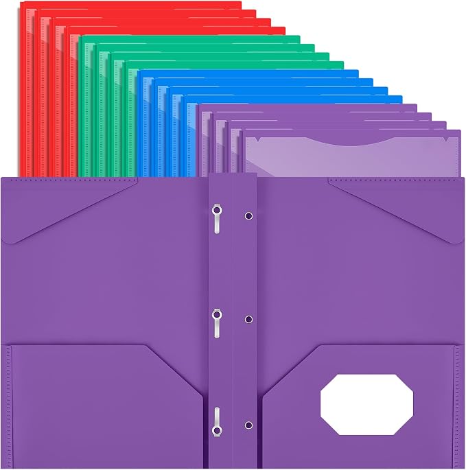 Henoyso 36 Pcs Plastic Folder with Clear Front Pocket and 3 Prong Plastic Folders with Card Slot Pocket Folders with Prongs for School Office (Multicolor)