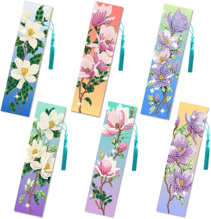 6Pcs Magnolia 5D Diamond Art Bookmarks Flowers Diamond DIY Painting Bookmarks Rhinestones Beaded Acrylic Tassel Bookmark for Adult Beginner Crafts