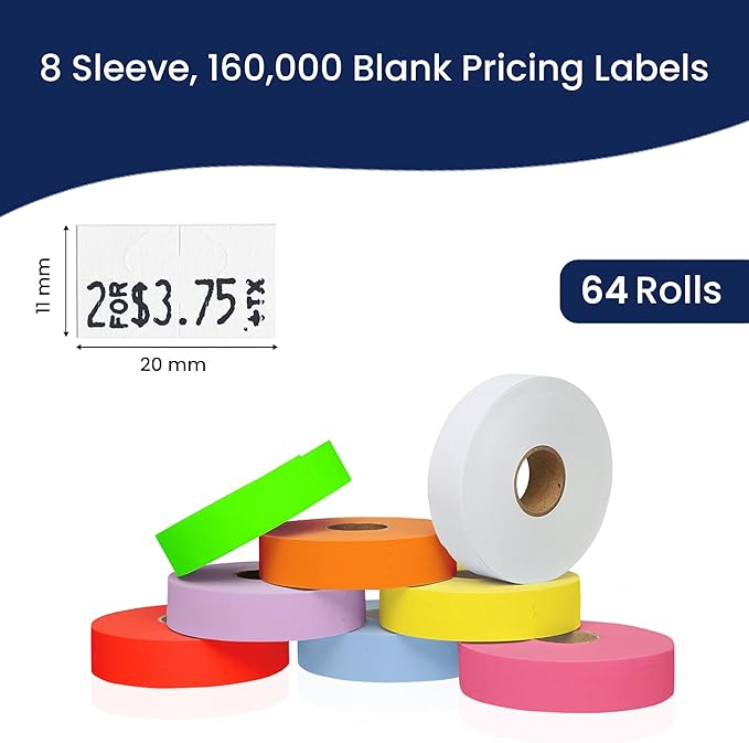 Monarch 1131 Multicolored Sleeves—64 Rolls, 8 Sleeves, 160,000 Labels for Monarch 1131 Price & Date Guns—Includes White, Yellow, Blue, Lavender & Fluorescent Colors (Red Green Pink Orange)—Made in USA