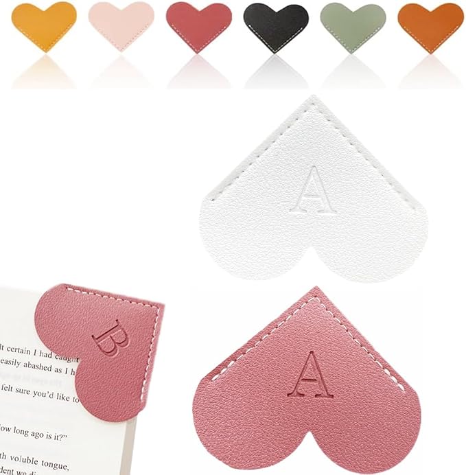 Personalized Leather Heart Bookmark, 26 Letters Customized Corner Book Mark for Reading, Book Holder Markers with Initials Page Book Accessories Cute Gifts (White+Deep Pink, A)