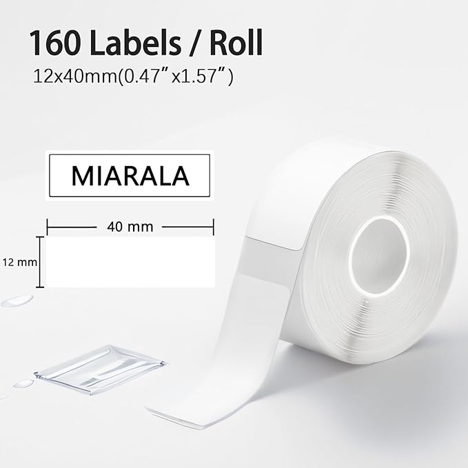 MIARALA D30 Label Tape 12mm×40mm(0.47"x1.57"), D30 Label Maker Tape Self-Adhesive Label Tape for D30 Printer, (White Set(8 Rolls))