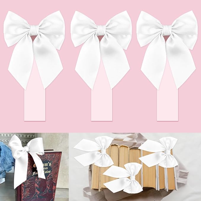 White Satin Bow Bookmark Anniversary Coquete Book Mark Mini White Satin Ribbon Bows Appliques Bowknot for Book Lovers Crafting Sewing
