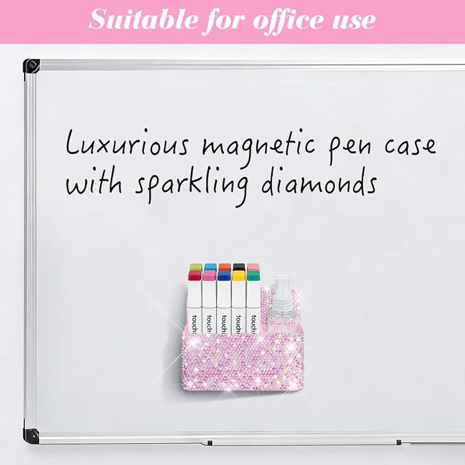 Bling Magnetic Marker Holder for Whiteboard Pen Holder for Women Girls Sparkly Gift Desk Organizer with Glitter Rhinestones for Christmas School Office Supplies (Pink)