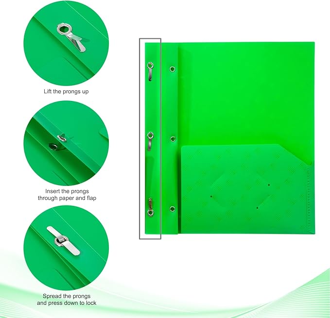 ViVin Plastic Folders with Pockets and Prongs,6 Pack,Heavy Duty 2-Pocket File Folder with 3 Fasteners,Fits Letter Size Paper,for School Home and Office(Bight Green)