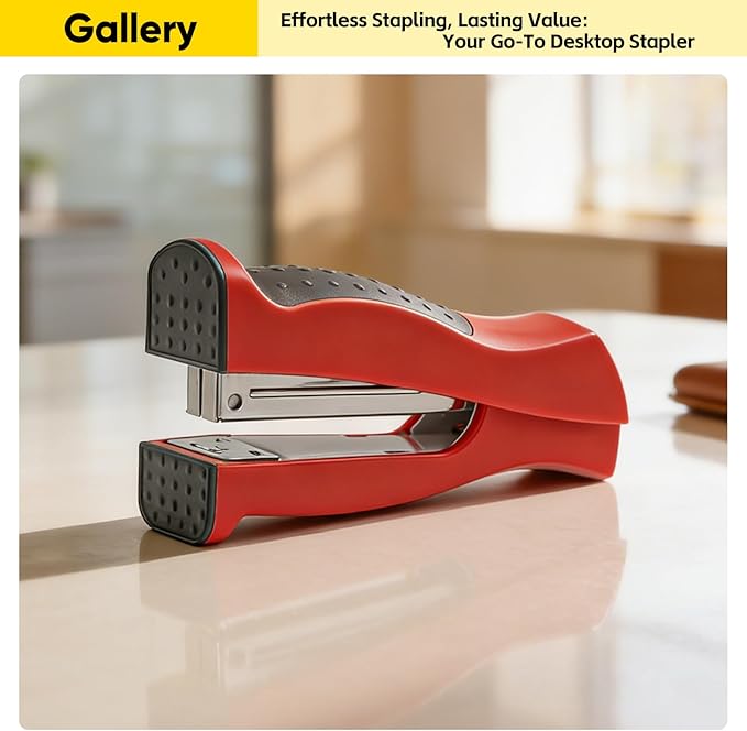 Stand-Up Stapler with 1000 Standard 1/4" Staples, Handheld Ergonomic Soft Grip 2-in-1 Vertical & Flat-Use Desktop Full Strip Stapler for Office, Home, School, Business & Classroom Supplies – Red
