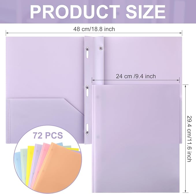 Cholemy 72 Packs Pocket Folders with Prongs Heavy Duty Plastic Folder with Business Card Slot 3 Prong Fasteners for School Office (Vibrant)