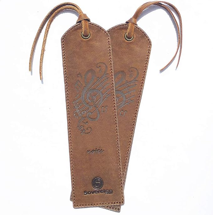 Leather Bookmarks for Men and Women | Quality Mens Bookmark with Music Notes | 2 Smooth Handmade Leather Book Markers for Men Women Book Lovers Readers (7x2) Leather Gift | Sovereign-Gear