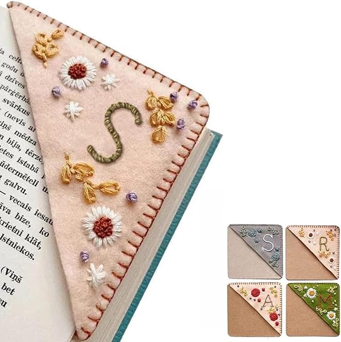 Personalized Hand Embroidered Corner Bookmark, 26 Letters Cute Flower Embroidered Corner Bookmark Embroidery Book Marker Clip for Book Lovers Bookmarks for Reading Lovers Meaningful GIF (Spring, S)