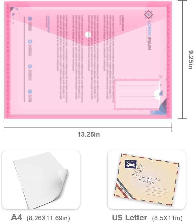 10 Pack Plastic File Folders with Pockets, Colorful Hook & Loop Closure Envelopes, Clear Poly Document Folders Letter/A4 Size, Waterproof Tear-Proof Organizers for Teacher Supplies, Office & School