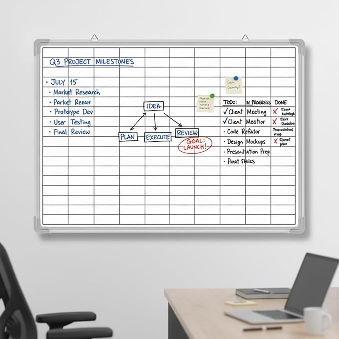 AmazingSpark Lined Whiteboard Blank Grid Aluminum Frame Dry Erase Board Reusable Wall Mounted Board for Scheduling, to Do Lists Weekly Planning Home Work(24 x 18 Inch,Whiteboard with Grid)