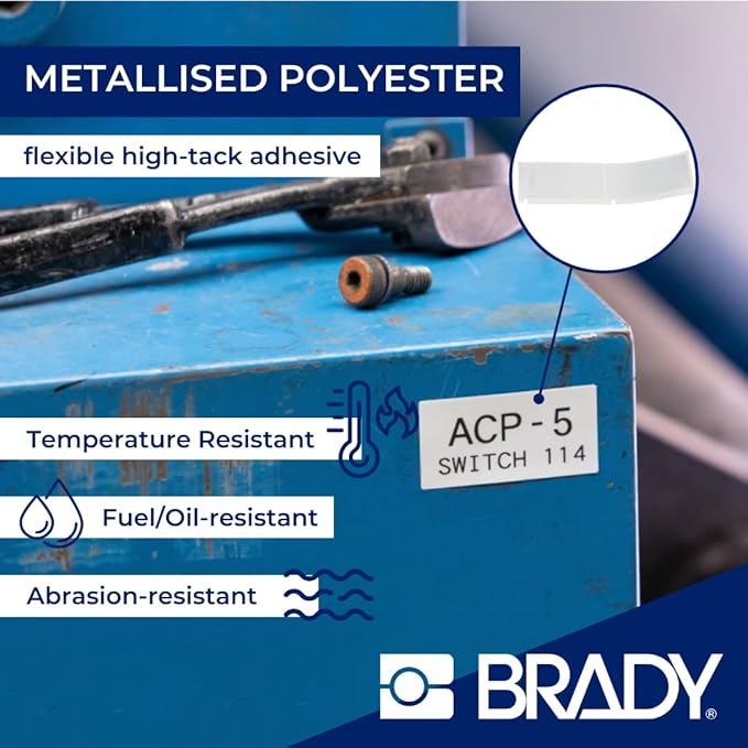 Brady Metallised Polyester Pre-Sized Labels for Label Printer BMP51/BMP53/M511-360 Self Adhesive Printer Labels - Black on Light Grey (38,10 mm (W) x 12,70 mm (H)) - M5-29-428