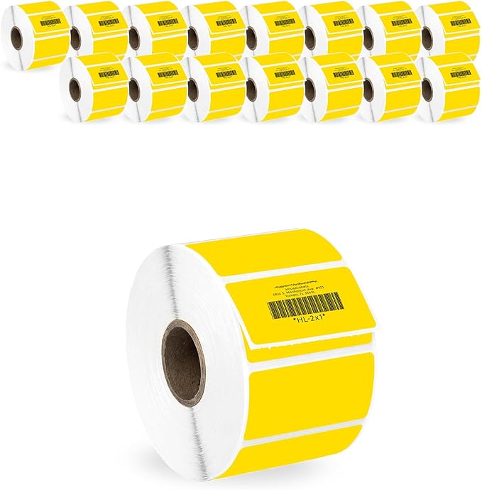 HOUSELABELS 2" x 1" Yellow Barcode Labels on 1" Core Compatible with Zebra and Rollo Printers, 16 Rolls / 1,300 Labels per Roll
