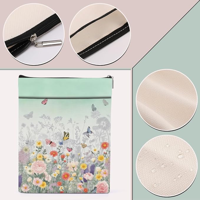 Aesthetic Flower Book Sleeve, Book Lovers Gifts Sleeve with Zipper & Front Pocket, 11.4x8.8 Inch Canvas Books Cover Protector Bookish Gifts for Readers Librarian Women Teacher Christmas Birthday Gift