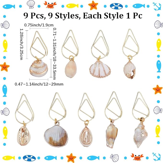 CRASPIRE 9 Styles Sea Shell Paper Clips Bookmark Metal Paperclip with Charms Ocean Seashell Conch Pendants Book Page Markers Journal Clamps for Books Document Note Planner Sort Organizing Office Home