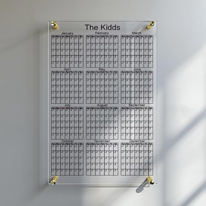Personalized Yearly Acrylic Wall Calendar – Custom Dry Erase 12-Month Planner with Family Name – Clear, Stylish Annual Organizer for Home or Office
