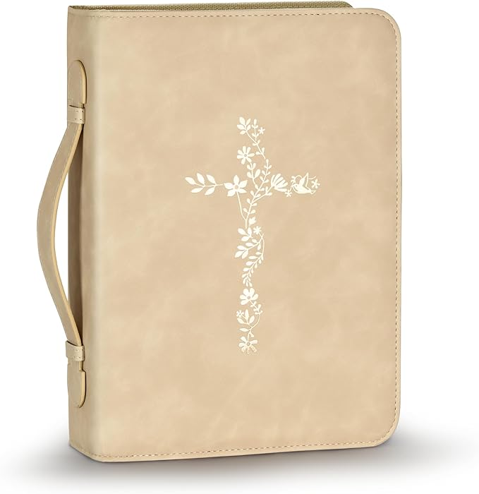 LISWIT Mother's Day Gift Bible Cover for Women, Large Bible Case - Durable PU Leather Carrying Bag Sleeve, Christian Gifts for Women, Girls, Teens (Beige/Gold)