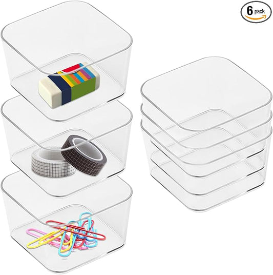 6pcs Clear Acrylic Storage Container, Desk Organizer Drawer Square Tray, Small Makeup Vanity Storage Bins Widely for Kitchen Cabinet, Tool, Office Desk, Gadgets, Pens, Paper Clips, No Lid