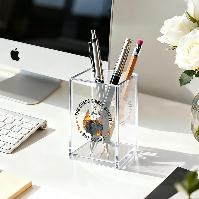 Everything is Fine Cosmetic Organizer Pen Holder, Acrylic Desk Holder for Pen Pencil, Office Gifts for Coworker, Dumpster Fire Desk Accessory (Transparent63)