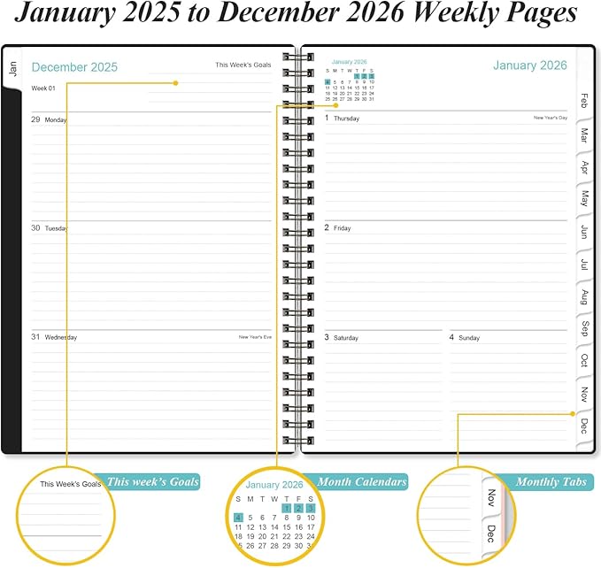 2026 Planner - Planner 2026 from January 2026 to December 2026, Weekly Monthly Planner 2026 with 12 Monthly Tabs, Inner Pocket, 6.4" x 8.5", Black