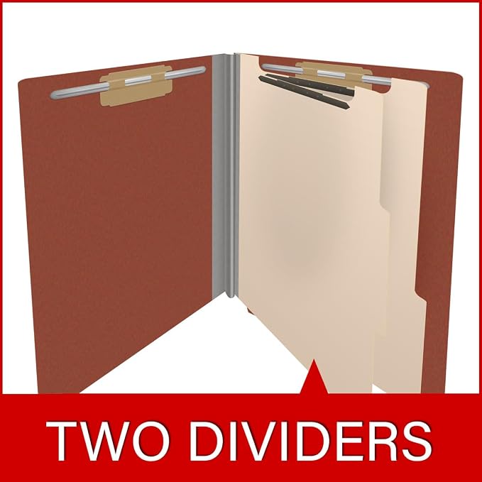 25 Pt. Pressboard Classification Folders, Full Cut End Tab, Letter Size, 2 Dividers, Brick Red (Box of 10)